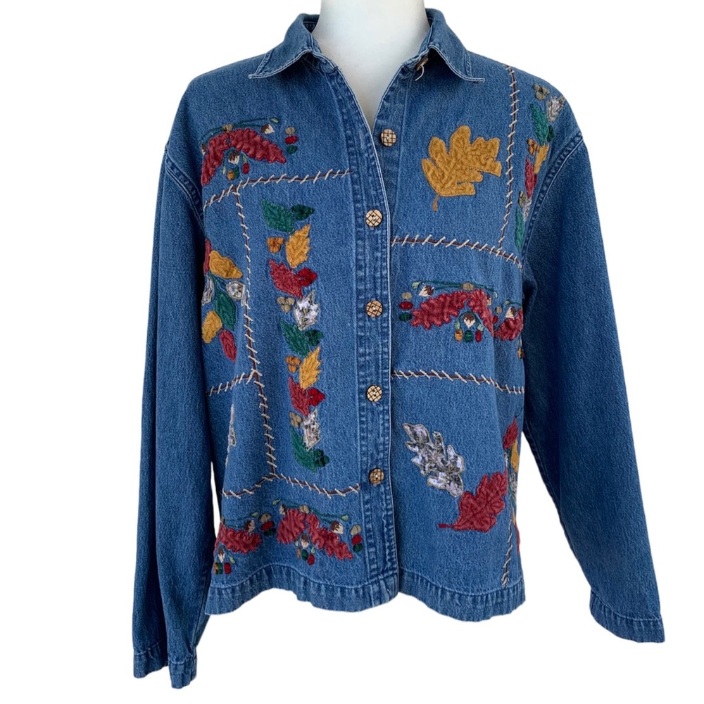 Vintage Dress Barn Denim Jean Jacket with Velvet Leaves Appliqué